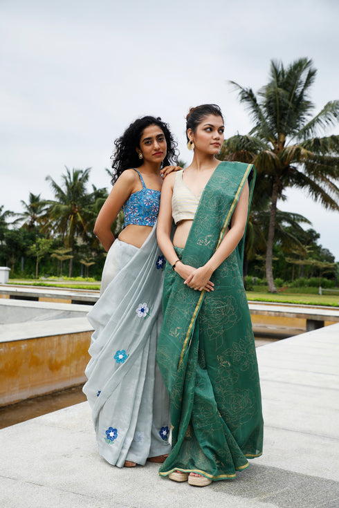 Handwoven Handprinted  Aquamarine Chanderi Saree